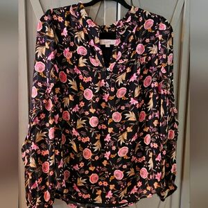 LOFT Black Blouse with Pink Floral Design Large